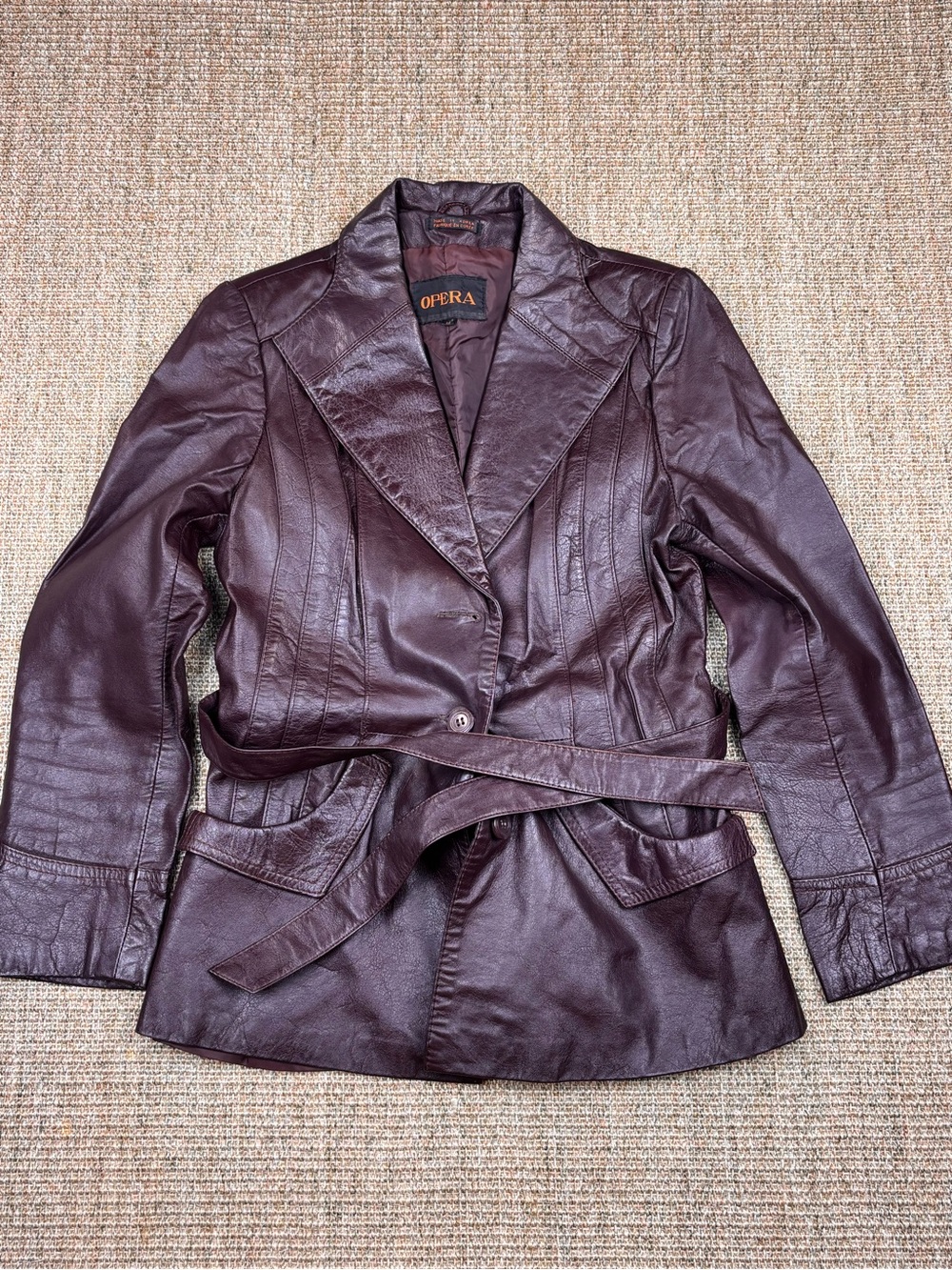 Women's Vintage Opera Wine/Burgundy Belted 100% Leather Jacket SIze XSmall